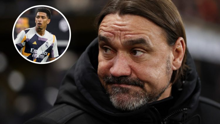 Leeds United manager Daniel Farke in 2025. Inset, Jude Bellingham warming up for Real Madrid in 2023.