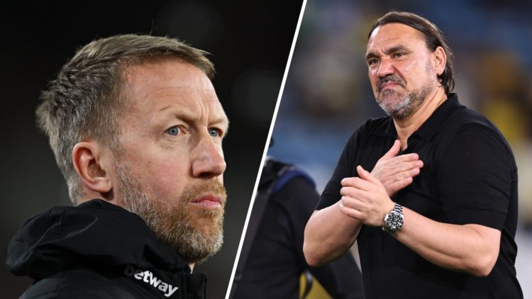 Daniel Farke celebrates with Leeds fans as West Ham boss Graham Potter looks on.