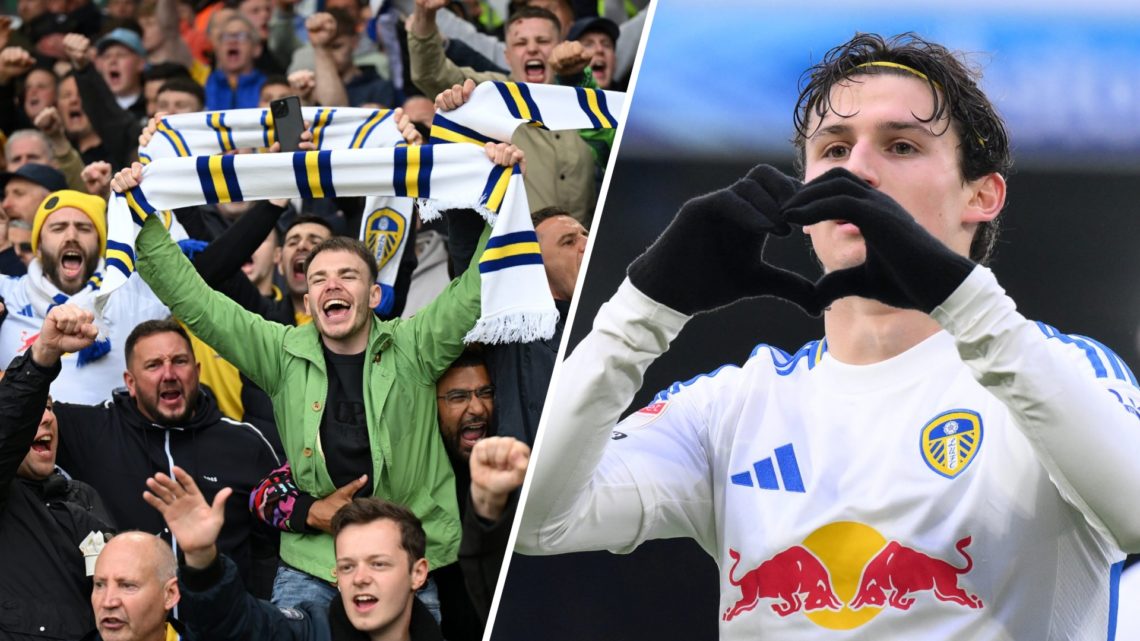 Leeds United supporters (left) and midfielder Brenden Aaronson (right)