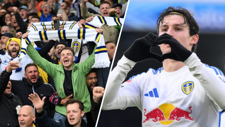 Leeds United supporters (left) and midfielder Brenden Aaronson (right)