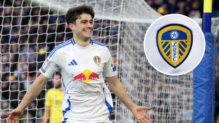 Leeds United winger Dan James celebrating with Leeds United badge inset to the right of him