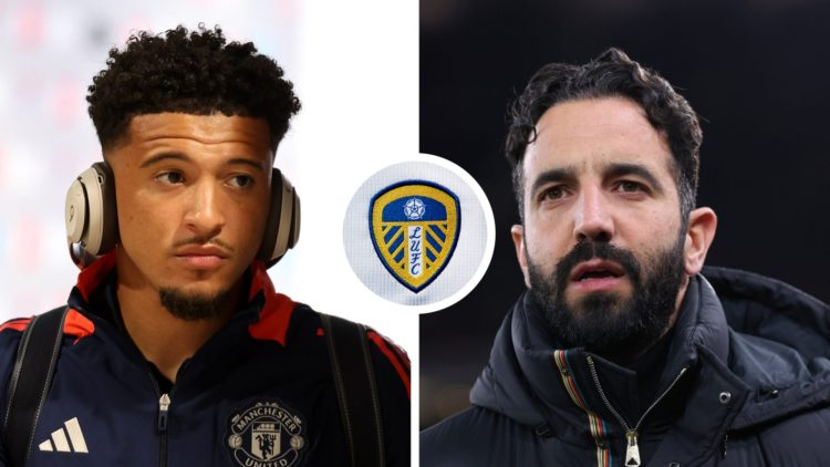 Split image of Manchester United player Jadon Sancho before a match, and Manchester United manager Ruben Amorim. Inset a picture of the official cl...