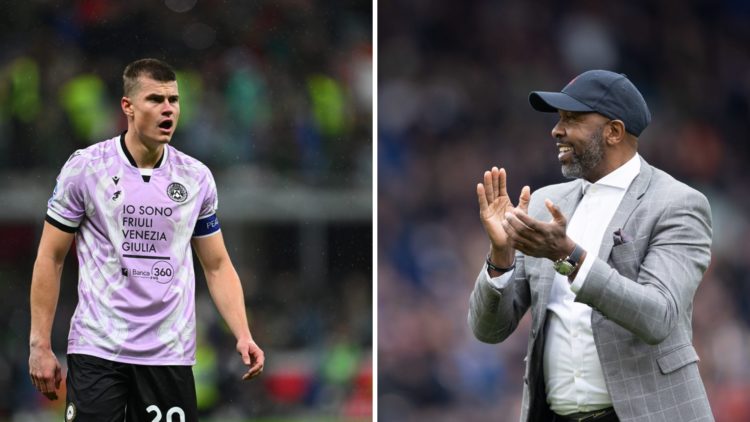 Lucas Radebe applauds the Elland Road crowd after a recent visit and Jaka Bijol in action for Udinese.