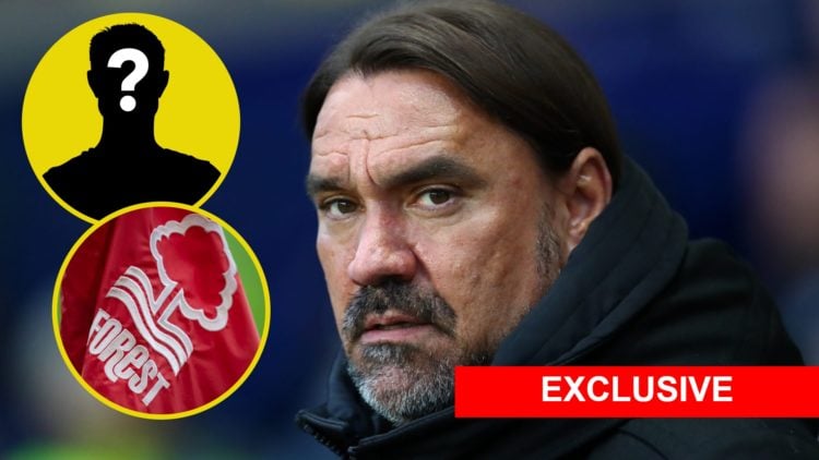Leeds United manager Daniel Farke in 2025. Inset, LUN Mystery Player Icon. Inset, Nottingham Forest badge.