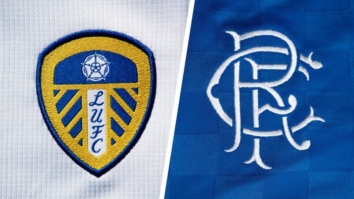 Split image of the official club badge of Leeds United and the official club badge of Rangers FC.
