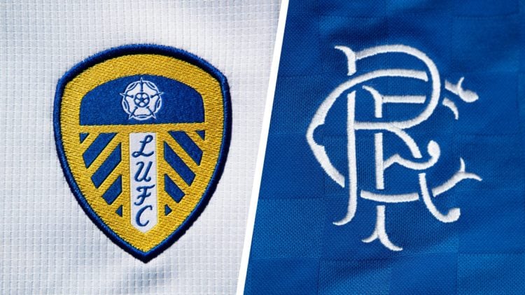 Split image of the official club badge of Leeds United and the official club badge of Rangers FC.