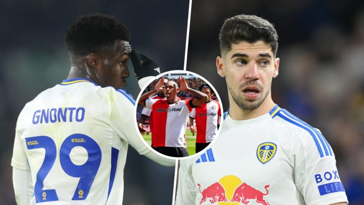 Leeds United winger Willy Gnonto (left) with Leeds' Spurs loanee Manor Solomon (right) and Feyenoord's Igor Paixao inset (middle)