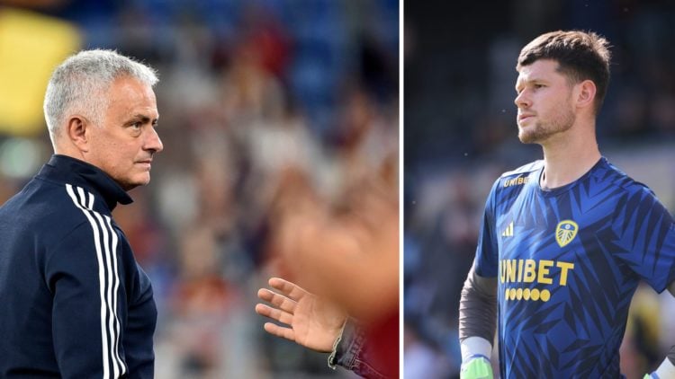 Jose Mourinho looks on as Illan Meslier looks dejected.
