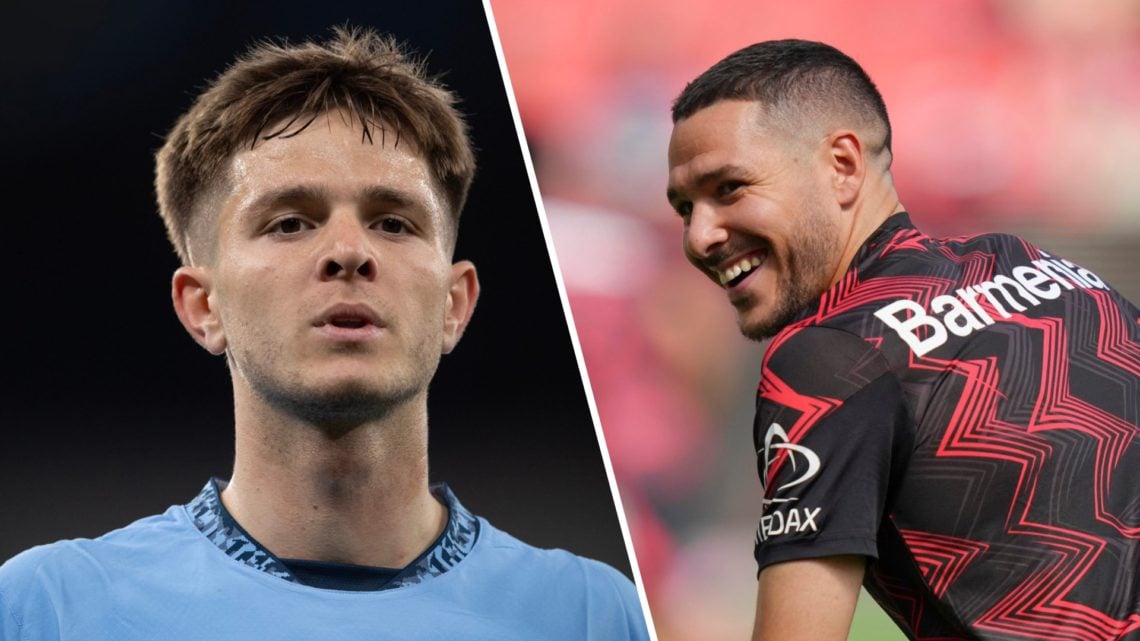James McAtee in action for Man City and Emi Buendia during his Leverkusen loan.