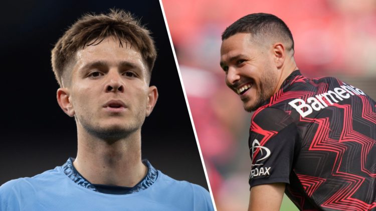 James McAtee in action for Man City and Emi Buendia during his Leverkusen loan.