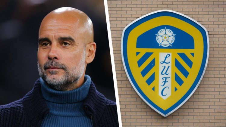 Split image of Manchester City manager Pep Guardiola smiling, and the official club badge of Leeds United.