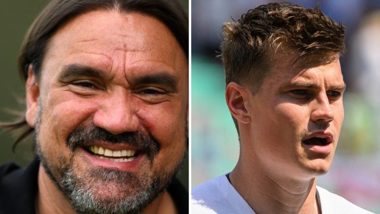 Split image of Daniel Farke smiling as Leeds United manager and Jaka Bijol before Slovenia vs Bulgaria.