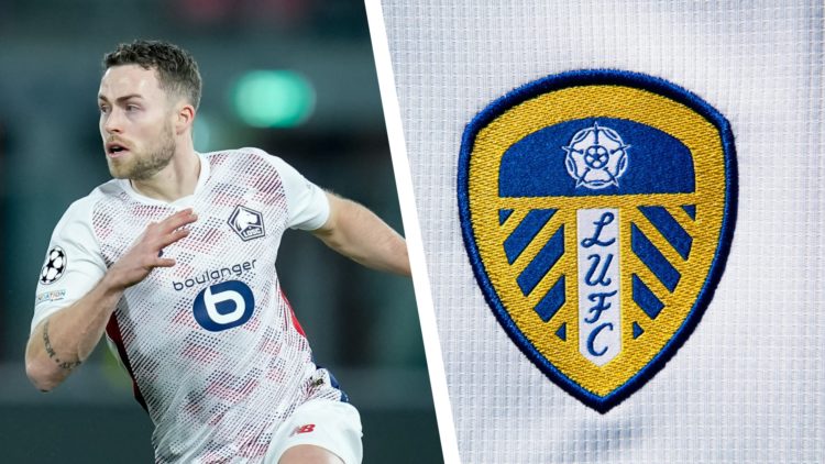 Split image of Lille full-back Gabriel Gudmundsson during a game, and the official club badge of Leeds United.