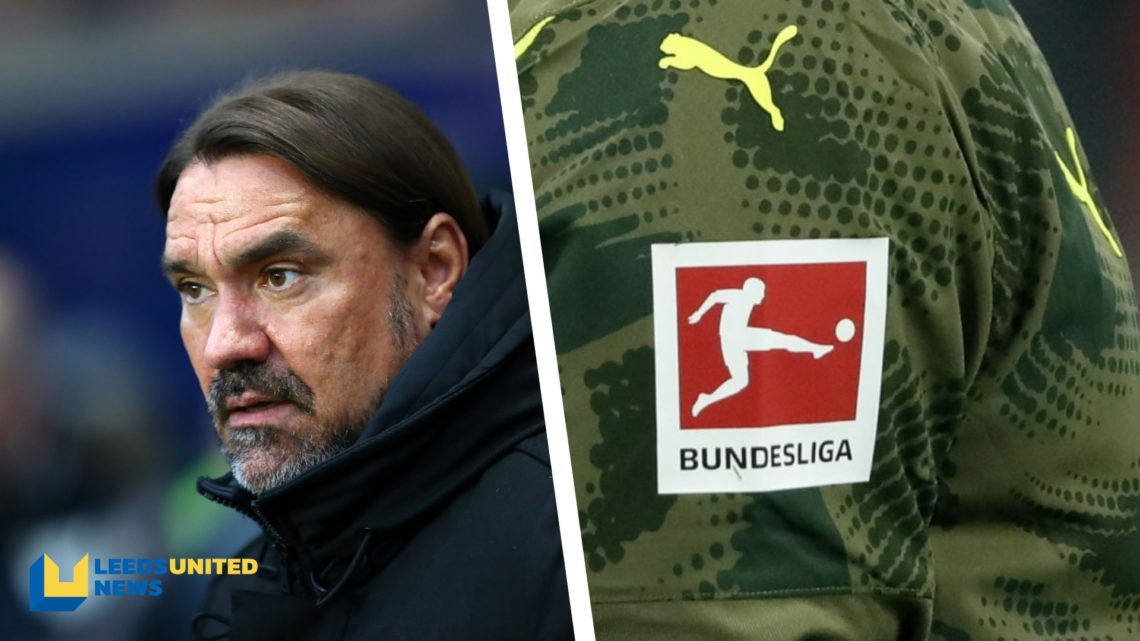Split image of Leeds United manager Daniel Farke during a game, and an image of the official Bundesliga logo as seen on a player's sleeve.