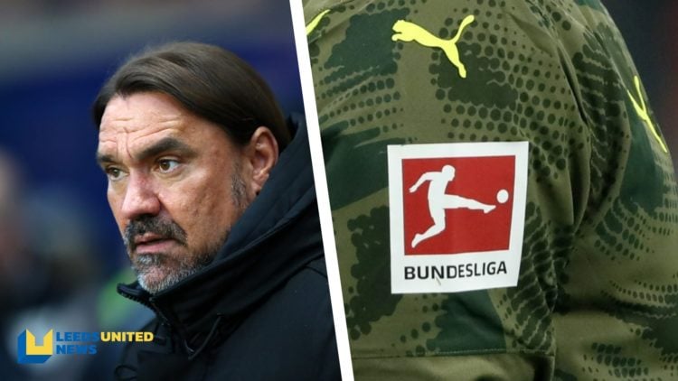 Split image of Leeds United manager Daniel Farke during a game, and an image of the official Bundesliga logo as seen on a player's sleeve.