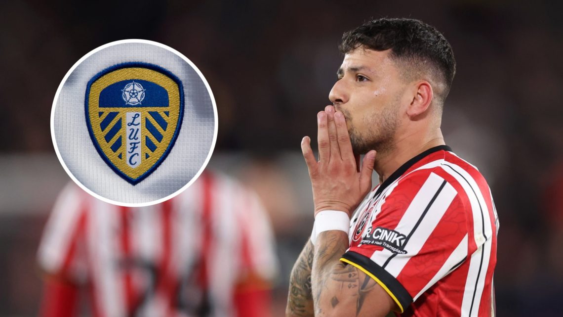 Sheffield United's Gus Hamer (right) and a Leeds United crest inset (left)