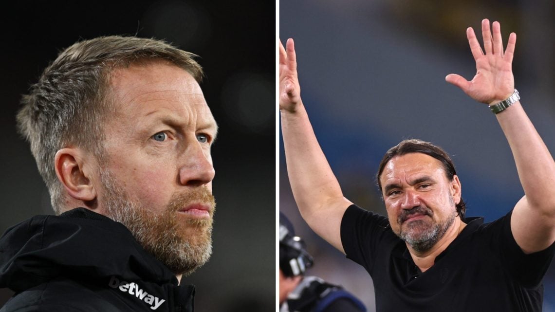 Graham Potter looks on during a West Ham match and Daniel Farke waves to Leeds fans.