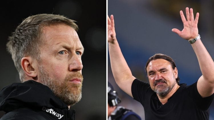 Graham Potter looks on during a West Ham match and Daniel Farke waves to Leeds fans.