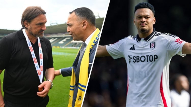 Leeds United manager Daniel Farke speaks to chairman Paraag Marathe. Inset, Fulham striker Rodrigo Muniz.