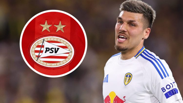 Leeds United striker Joel Piroe during a game. Inset a picture of the official club badge of PSV Eindhoven.