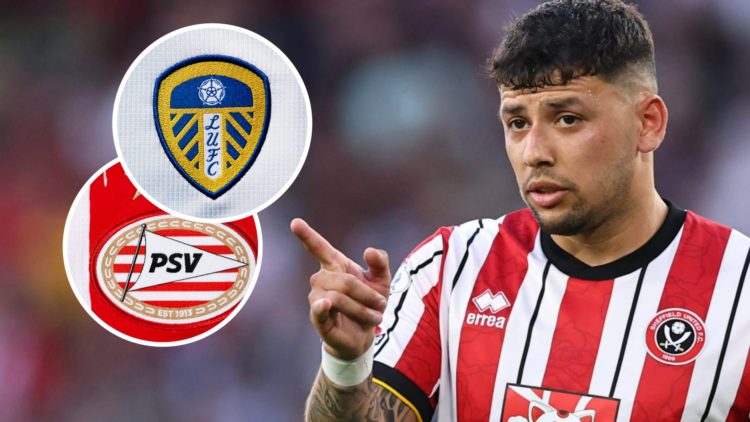 Sheffield United midfielder Gustavo Hamer pointing during a match. Inset, pictures of the official club badges of Leeds United FC and PSV Eindhoven.