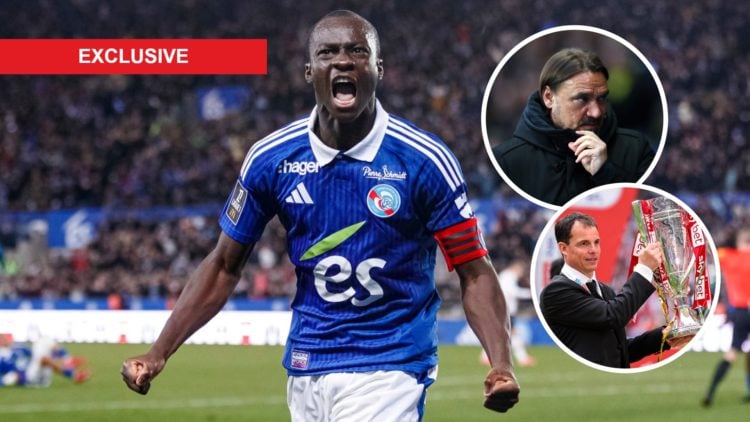 Strasbourg midfielder Habib Diarra celebrating. Inset, Leeds United manager Daniel Farke. Inset, Sunderland boss Regis Le Bris.