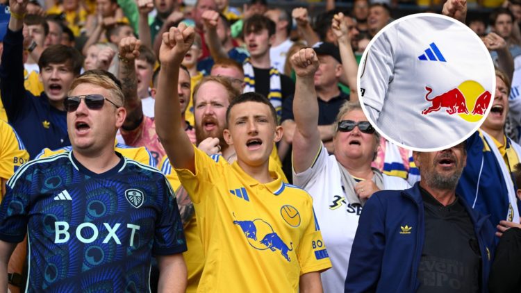 Leeds United fans during pre-season friendly vs Valencia. Inset, close up shot of Leeds United 24/25 home shirt.