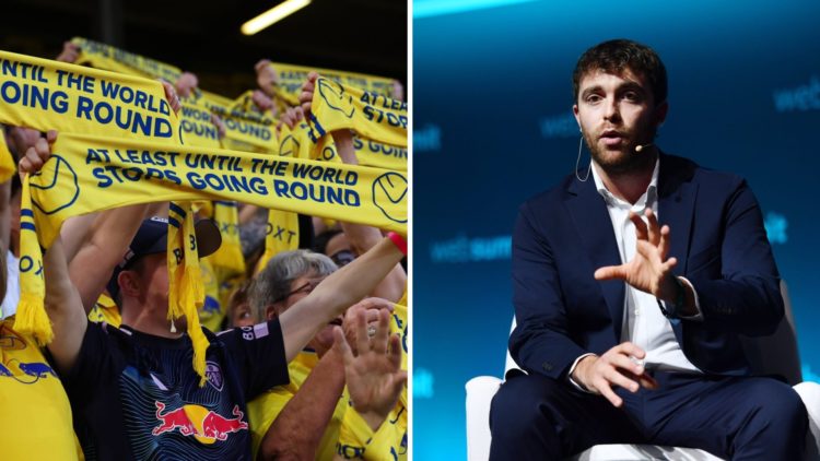 Split image of Leeds United fans before game vs Bristol City and Journalist Fabrizio Romano talking.