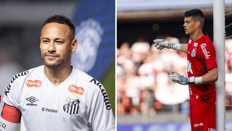 Neymar ahead of a Santos match and Santos goalkeeper Gabriel Brazao points instructions.