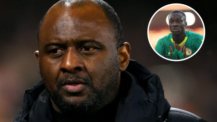 Patrick Vieira as Crystal Palace manager vs Brighton. Inset, Habib Diarra playing for Senegal vs England.