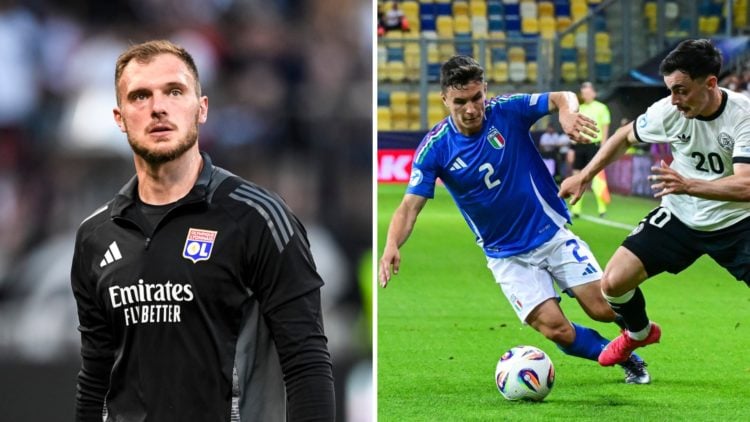 Lyon goalkeeper Lucas Perri looks on and Mattia Zanotti in action for Italy's U21 side.