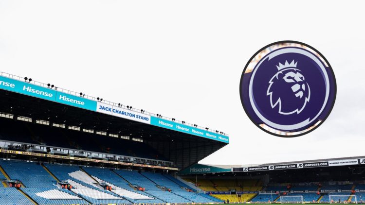 Elland Road stadium wide view of Leeds United's home ground, with the Premier League logo inset on the right of the image