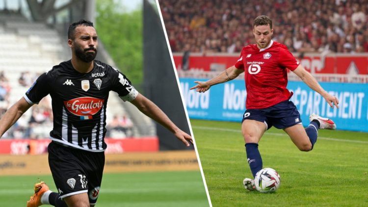 Himad Abdelli scores for Angers and Gabriel Gudmundsson in action for Lille.