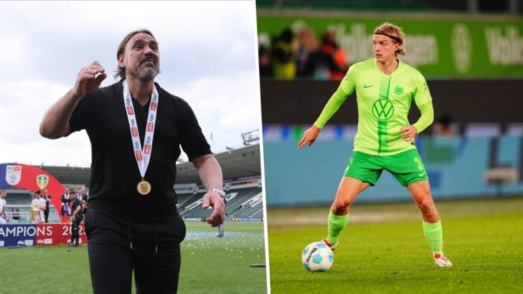 Daniel Farke celebrates Leeds' promotion and Sebastiaan Bornauw in action for Wolfsburg.