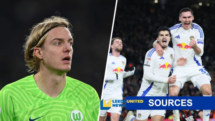 Leeds United duro Max Wober and Pascal Struijk (right) with Sebastiaan Bornauw of Wolfsburg (left) and the LUN Sources banner