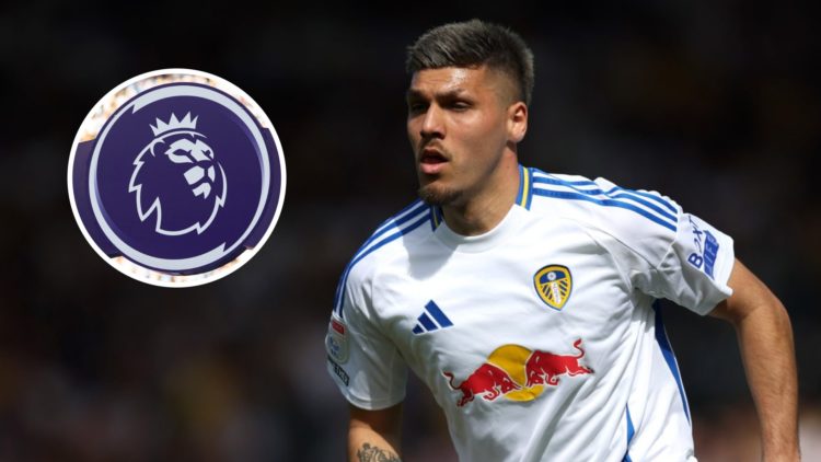 Leeds United forward Joel Piroe (right) with the Premier League logo inset (left)