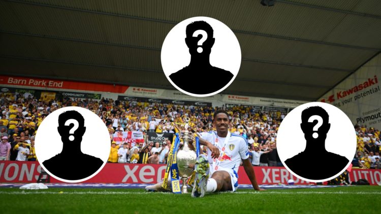 Junior Firpo poses with the Championship title after Leeds beat Plymouth.