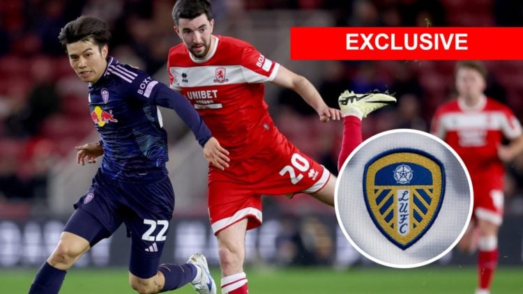 Finn Azaz of Middlesbrough grapples with Ao Tanaka of Leeds United, with a Leeds badge inset, as well as the exclusive banner