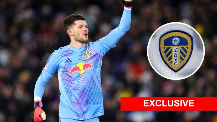 Leeds United goalkeeper Illan Meslier (left) celebrating a goal with Leeds crest inset to one side (right) and the exclusive banner running over th...