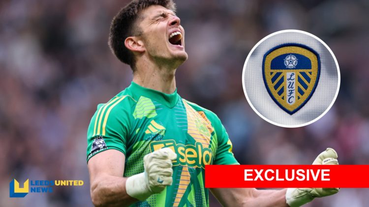 Newcastle United goalkeeper Nick Pope celebrating (left) with Leeds United badge inset (right) and LUN exclusive banner