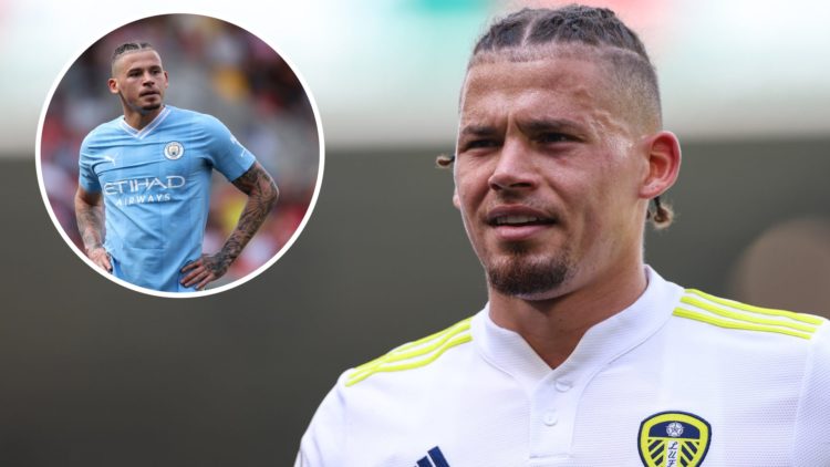 Image of Kalvin Phillips playing for Leeds United in 2022. Inset, Kalvin Phillips at Man City in 2023.