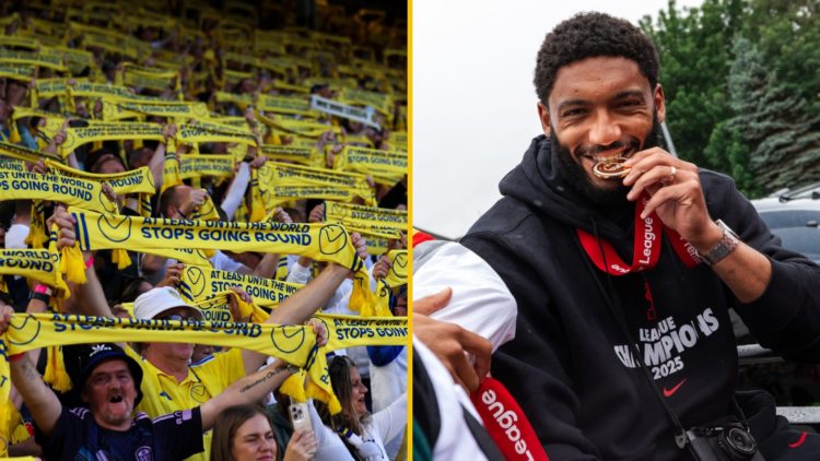 Split image of Leeds United fans in 2025 and Liverpool defender Joe Gomez celebrating Premier League title.
