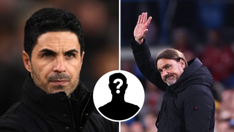 Mikel Arteta looks on during an Arsenal game and Daniel Farke waves to Leeds fans.
