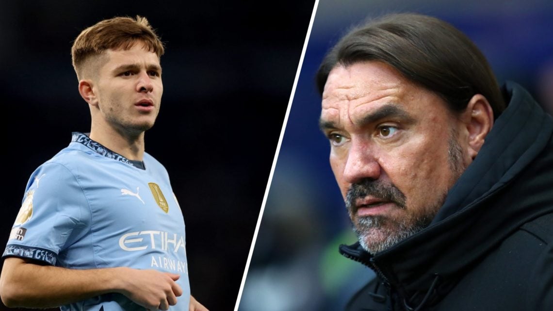 Split image of Manchester City midfielder James McAtee and Leeds United manager Daniel Farke.