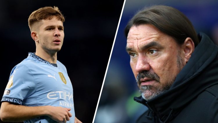 Split image of Manchester City midfielder James McAtee and Leeds United manager Daniel Farke.