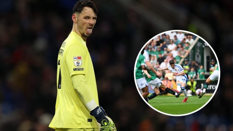 Burnley goalkeeper James Trafford (left) and Manor Solomon of Leeds United (right) scoring against Plymouth Argyle to win the title