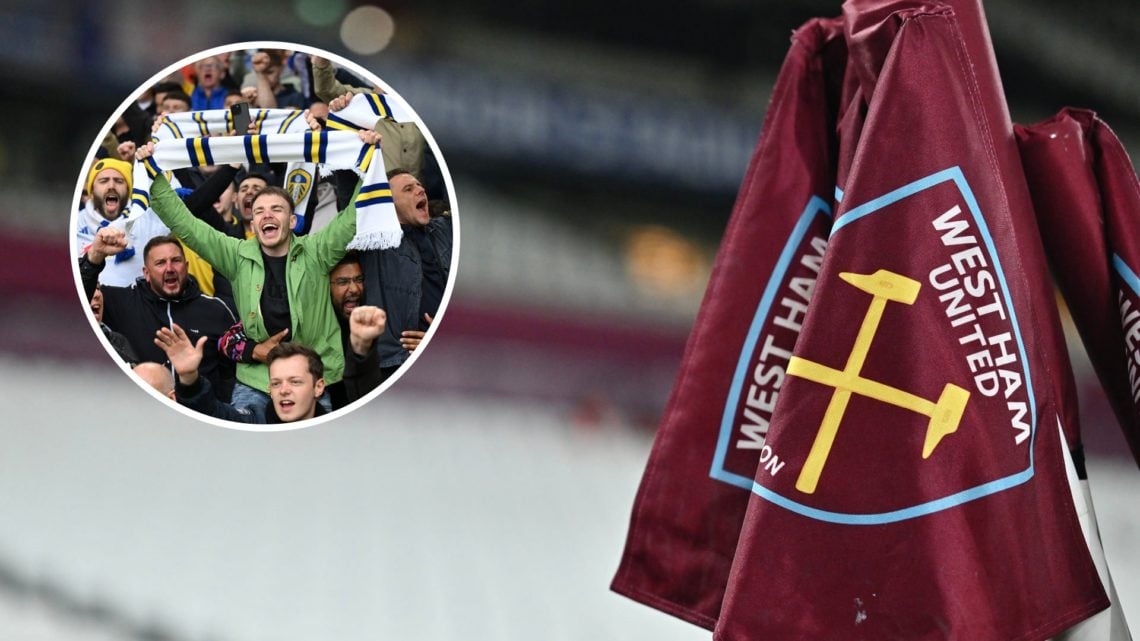 The West Ham United flag at the London Stadium. Inset, Leeds United fans during the 24/25 season.