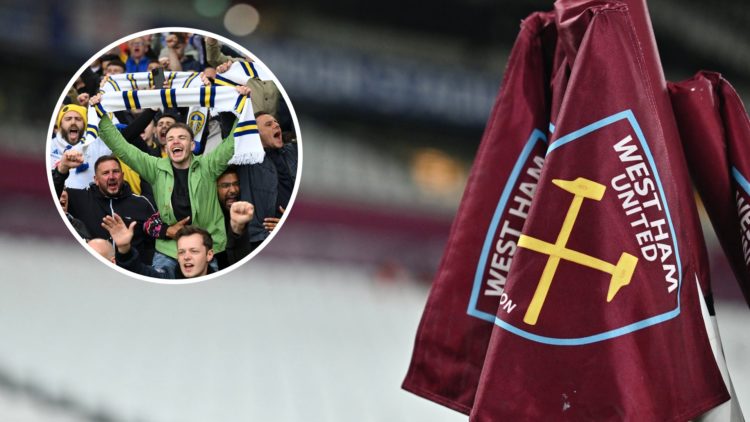 The West Ham United flag at the London Stadium. Inset, Leeds United fans during the 24/25 season.