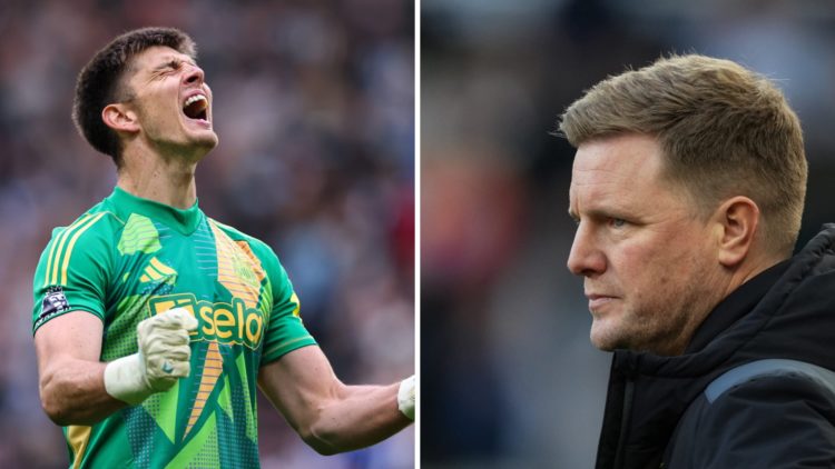 Nick Pope celebrates a Newcastle win as Eddie Howe looks on.