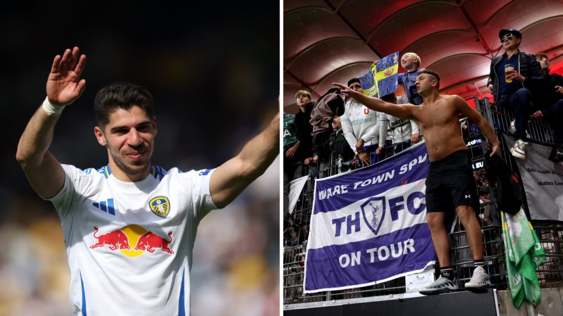 Split image of Manor Solomon playing for Leeds United and Tottenham fans in the 24/25 season.